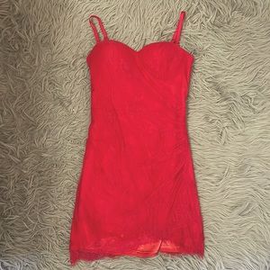 bebe hot pink lace mini dress with removable straps.